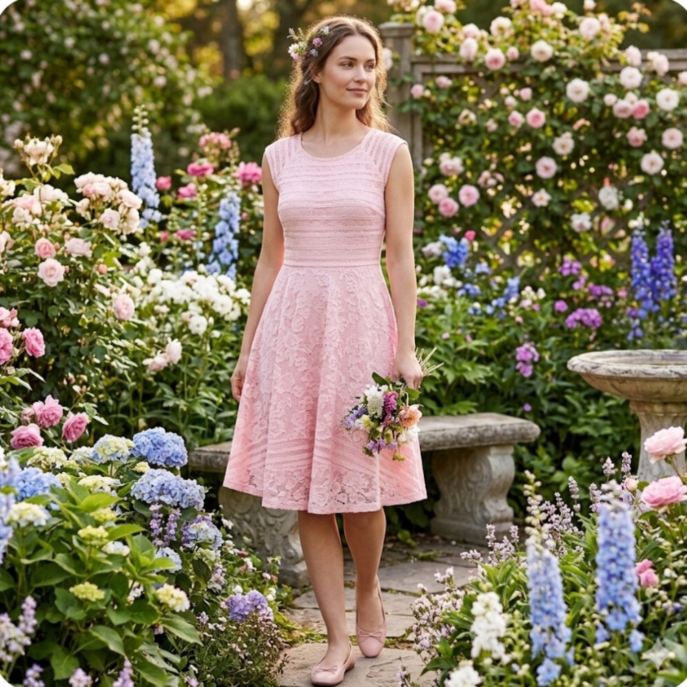 MY COLLECTION PINK LACE EMBROIDERED DRESS WEAVE FABRIC EASTER SUMMER SPRING SZ L